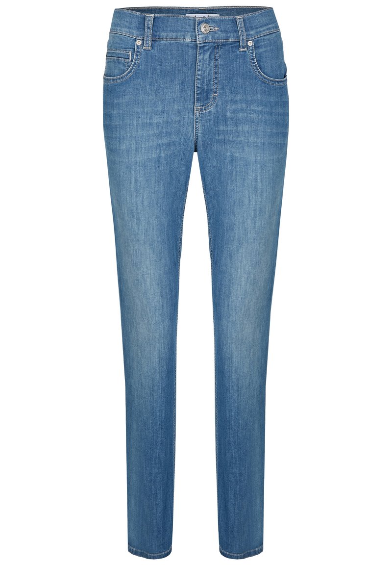 Jean en denim bleu clair avec une coupe droite, deux poches avant et une fermeture à bouton. Présente des surpiqûres discrètes et une texture lisse.