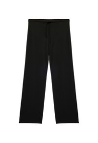 Sorte bredbenede bukser lavet af et blødt stof, med en elastisk talje og snøre, samt en glat overflade gennem hele stoffet.