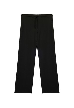 Sorte bredbenede bukser lavet af et blødt stof, med en elastisk talje og snøre, samt en glat overflade gennem hele stoffet.
