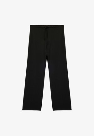 Zwarte wijde broek gemaakt van een zachte stof, met een elastische tailleband en een trekkoord, en een gladde textuur door het geheel.