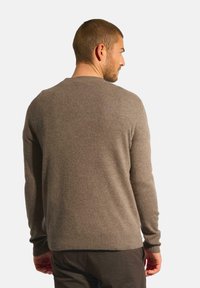 Hnědý pletený svetr s kulatým výstřihem, dlouhými rukávy a žebrovanými manžetami; měkká textura; zadní pohled na bílém pozadí.