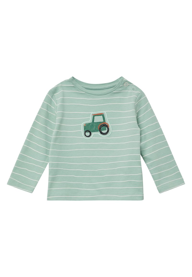 Mintgroen langemouwenshirt met witte strepen en een geborduurd groen tractorontwerp aan de voorkant. Bevat drukknoopjes op de schouder.