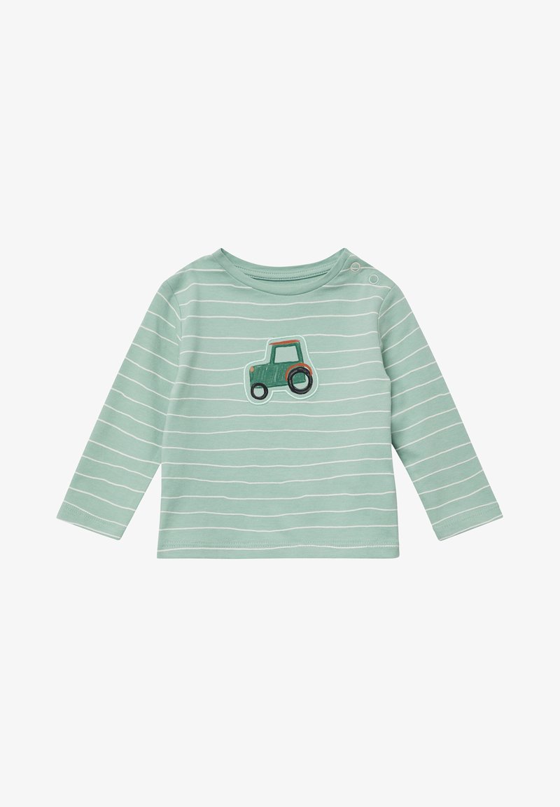 Mintgrünes Langarmshirt mit weißen Streifen und einem gestickten grünen Traktordesign auf der Vorderseite. Hat Druckknöpfe an der Schulter.