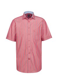 Camicetta a maniche corte con strisce verticali rosse e blu, chiusura anteriore con bottoni e una tasca sul petto. Realizzata in tessuto leggero con un design a colletto.