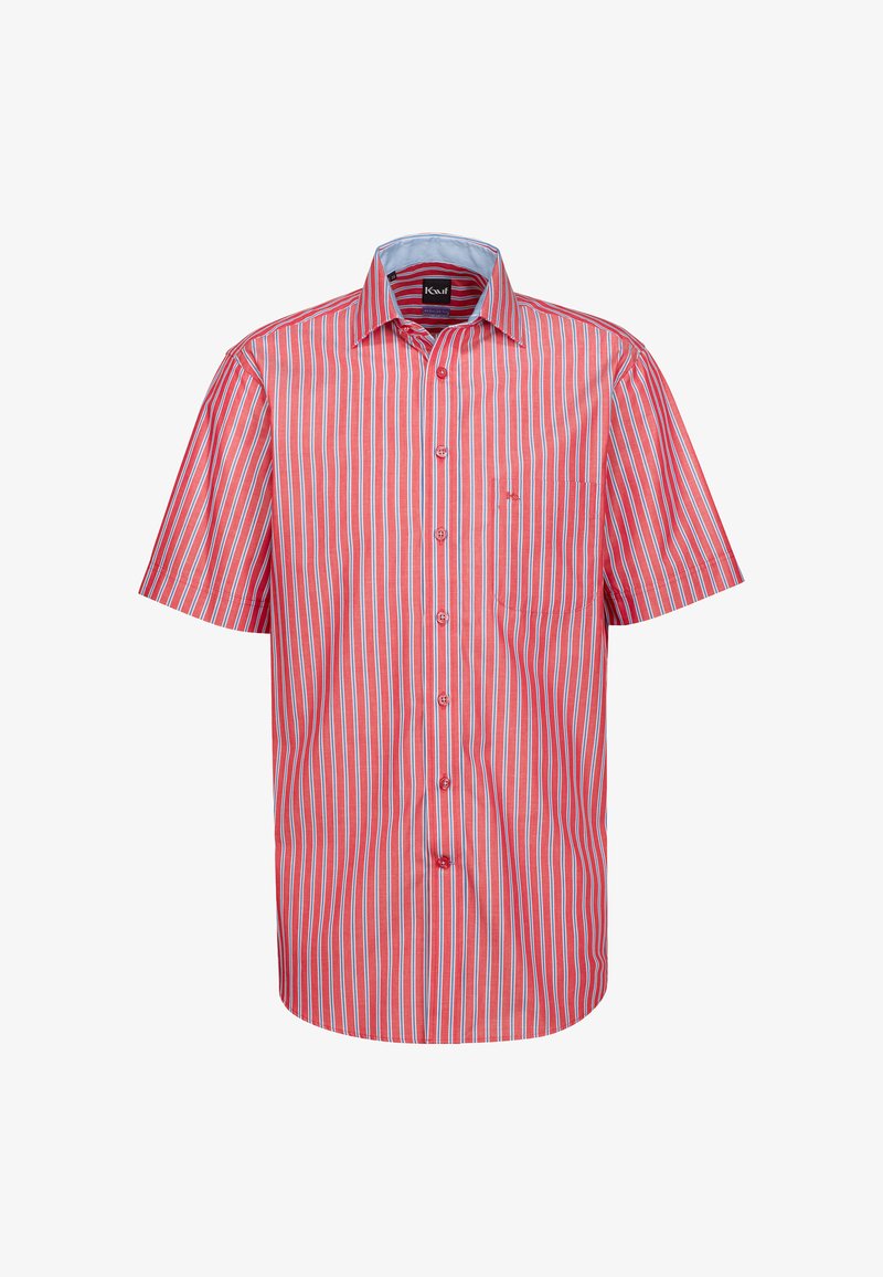 Camicetta a maniche corte con strisce verticali rosse e blu, chiusura anteriore con bottoni e una tasca sul petto. Realizzata in tessuto leggero con un design a colletto.