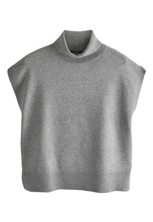 Pull sans manches gris en maille avec col roulé et ourlet à côtes, présentant de larges ouvertures aux épaules.