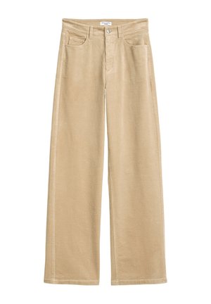 Beżowe spodnie sztruksowe o szerokich nogawkach z wysokim stanem, przednimi kieszeniami i prążkowaną fakturą. Wykończone standardowym zapięciem na guzik i zamek błyskawiczny.