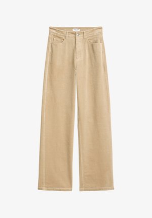 Beżowe spodnie sztruksowe o szerokich nogawkach z wysokim stanem, przednimi kieszeniami i prążkowaną fakturą. Wykończone standardowym zapięciem na guzik i zamek błyskawiczny.