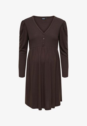 Braun geripptes Kleid mit V-Ausschnitt, langen Ärmeln, Knopfdetails an der Brust und einem ausladenden Rockdesign. Weicher Stoff.