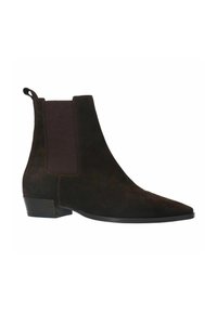 Bottine en suede marron avec un bout pointu, panneau latéral élastique et un petit talon. Comprend une languette à l'arrière pour un enfilage facile.