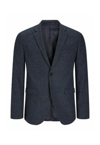Marineblau strukturierter Blazer mit zwei Vorderentaschen, einer einzelnen Knopfverschluss und einem glatten Innenfutter. Klassische Revers runden das Design ab.