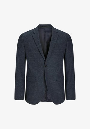Marineblauwe textured blazer met twee voorzakken, een enkele knoopsluiting en een gladde binnenvoering. De klassieke revers maken het ontwerp af.