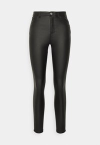 Jean skinny noir en similicuir avec une taille haute, équipé d'une fermeture éclair à l'avant, d'une fermeture par bouton et de deux poches arrière. Texture lisse.