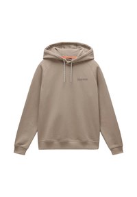 Hoodie beige realizzato in tessuto morbido, dotato di cappuccio con cordino, polsini a costine e un piccolo logo al centro. Tessuto liscio con maniche raglan.