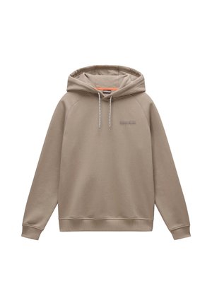 Beige Kapuzenpullover aus weichem Stoff, mit einer Kordelzugkapuze, gerippten Bündchen und einem kleinen Logo in der Mitte. Glatter Stoff mit Raglanärmeln.