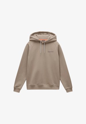 Beige Kapuzenpullover aus weichem Stoff, mit einer Kordelzugkapuze, gerippten Bündchen und einem kleinen Logo in der Mitte. Glatter Stoff mit Raglanärmeln.