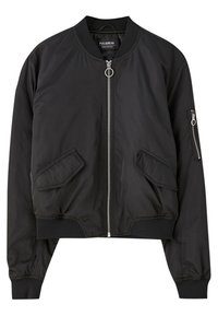 Černá bomber bunda s předním zipem, žebrovanými manžetami a lemem, se dvěma předními kapsami a postranní kapsou na zip. Hladká textura látky.