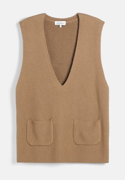 Gilet beige sans manches en maille avec un profond col en V et deux poches plaquées à l'avant, taille petite, étiqueté Luis Lagenal.