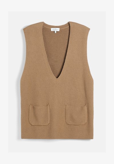 Gilet beige sans manches en maille avec un profond col en V et deux poches plaquées à l'avant, taille petite, étiqueté Luis Lagenal.