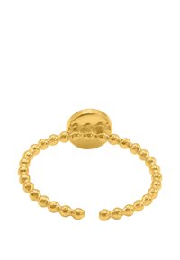 Bague en or avec un dessus rond et un anneau perlé, présentant une texture lisse et une finition brillante sur toute sa surface. Conçue avec une forme ouverte.