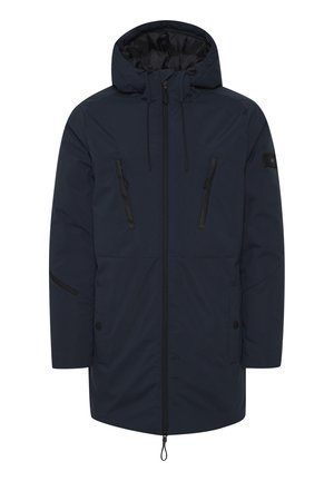 Tumesinine isolatsiooniga parka, millel on reguleeritav kapuuts, kaks tõmblukuga rinna-taskut, küljetaskud ja kontrastsed mustad detailid.