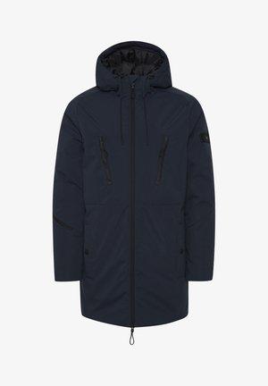 Tumesinine isolatsiooniga parka, millel on reguleeritav kapuuts, kaks tõmblukuga rinna-taskut, küljetaskud ja kontrastsed mustad detailid.