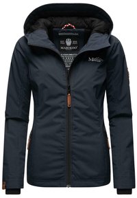 Veste à capuche pour femme bleu marine avec fermeture éclair à l'avant, poches latérales et broderie de logo sur la poitrine et un écusson sur le bras gauche.