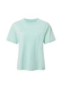 Light mint green short-sleeve cotton T-shirt with crew neck and straight hem, displayed on white background.