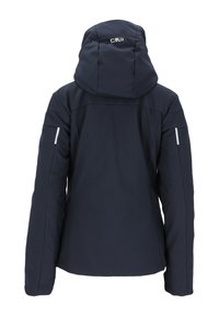 Mørkeblå sportsjakke med hætte, fremstillet af et glat, let materiale, vandrette sømme og reflekterende detaljer på ærmerne.