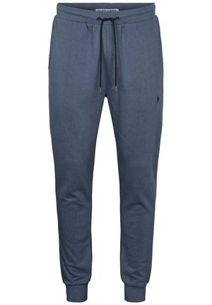 Pantalon jogger bleu homme avec cordon de serrage, poignets élastiques et poches latérales, avec une broderie discrète du logo sur la cuisse droite.