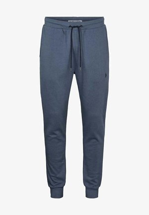 Blauwe heren joggerbroek met trekkoord, elastische boorden en zijzakken, met subtiele logoborduring op de rechterdij.