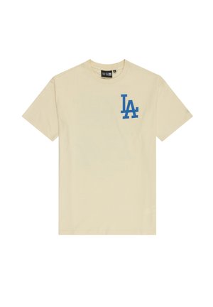 T-shirt crema a maniche corte realizzato in cotone, con un logo blu "LA" sull'area sinistra del petto. Design semplice con scollatura rotonda.