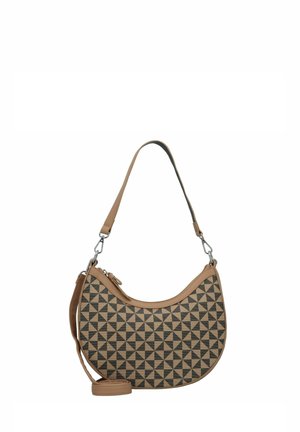 Borsa a tracolla con motivo geometrico marrone, dalla forma curva, rifiniture in pelle, tracolla regolabile e hardware in tonalità argento.