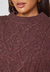 Maglione a maglia borgogna con un design a trecce testurizzato, scollatura a coste e sfumature di colore in tutto il tessuto. Vista ravvicinata.