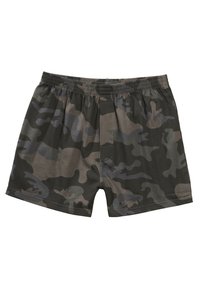 Boxers en coton avec un motif camouflage sombre aux nuances de vert, gris et noir. Ceinture élastique avec une ouverture à l'avant.