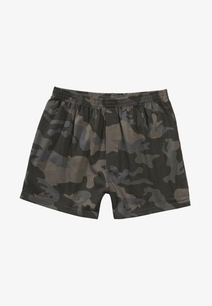 Bavlnené boxerky v tmavom maskáčovom vzore so zelenými, šedými a čiernymi odtieňmi. Elastický pás s predným otvorom.