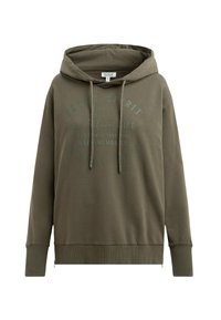 Kapuzensweatshirt in Olivgrün, aus weichem Material gefertigt. Mit Drucktext auf der Vorderseite, gerippten Bündchen, lässiger Passform und seitlichen Reißverschlüssen.