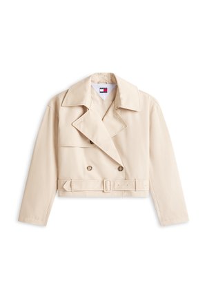 Béžové zkrácené dvouřadé sako se širokými klopami, páskem v pase a dlouhými rukávy, s logem Tommy Hilfiger uvnitř límce.