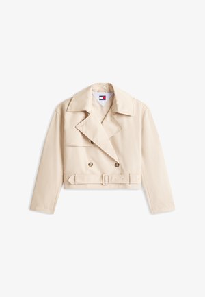 Béžové zkrácené dvouřadé sako se širokými klopami, páskem v pase a dlouhými rukávy, s logem Tommy Hilfiger uvnitř límce.