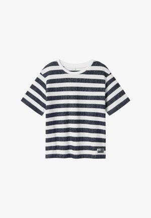 Katoenen T-shirt met horizontale marineblauwe en witte strepen, ronde hals, korte mouwen en een klein label op de linker onderkant.