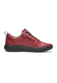 Red low-top leather sneaker with black laces, side zipper, pull tab at heel, and black rubber sole on white background.