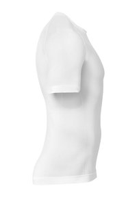 Hvid kortærmet atletisk skjorte med et tætsiddende design, ribbet tekstur og glat krave og kant. Letvægts- og åndbart stof.