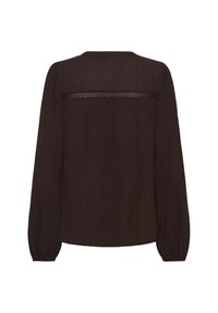 Mørkebrun langærmet bluse med struktureret stof, afslappet pasform og et gennemsigtigt lace-detalje på den øverste ryg.