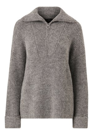 Grau gestrickter Pullover mit halbem Reißverschlusskragen, gerillter Textur, langen Ärmeln und lockerer Passform. Mit einem dreieckigen Muster auf der Brust.