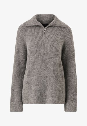 Grau gestrickter Pullover mit halbem Reißverschlusskragen, gerillter Textur, langen Ärmeln und lockerer Passform. Mit einem dreieckigen Muster auf der Brust.