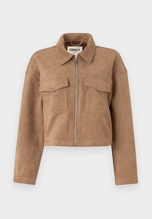 Bruine cropped jas van zacht suede met lange mouwen, een ritssluiting en twee borstzakken. Kenmerkt zichtbare stiksels.