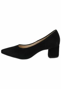 Black suede pump with a pointed toe and mid-block heel, featuring smooth texture and minimalistic design.