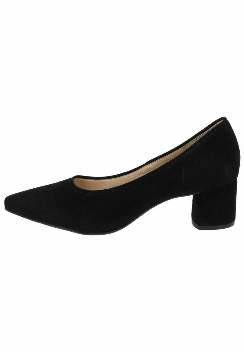 Black suede pump with a pointed toe and mid-block heel, featuring smooth texture and minimalistic design.