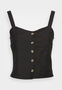 Haut noir sans manches en tissu texturé, présentant une coupe droite et un devant boutonné avec cinq boutons en bois.