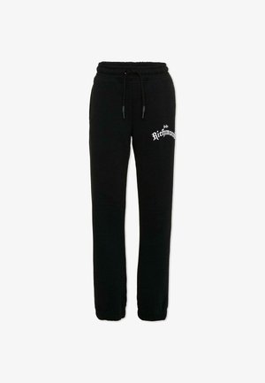 Zwarte joggingbroek met elastische tailleband en boorden, zwarte veterkoord en wit "Richmond" tekstlogo op de linker dij.